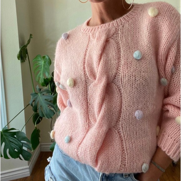 Chunky Knit Sweater| Mint pom pom pullover knit sweater size Medium - Picture 8 of 8